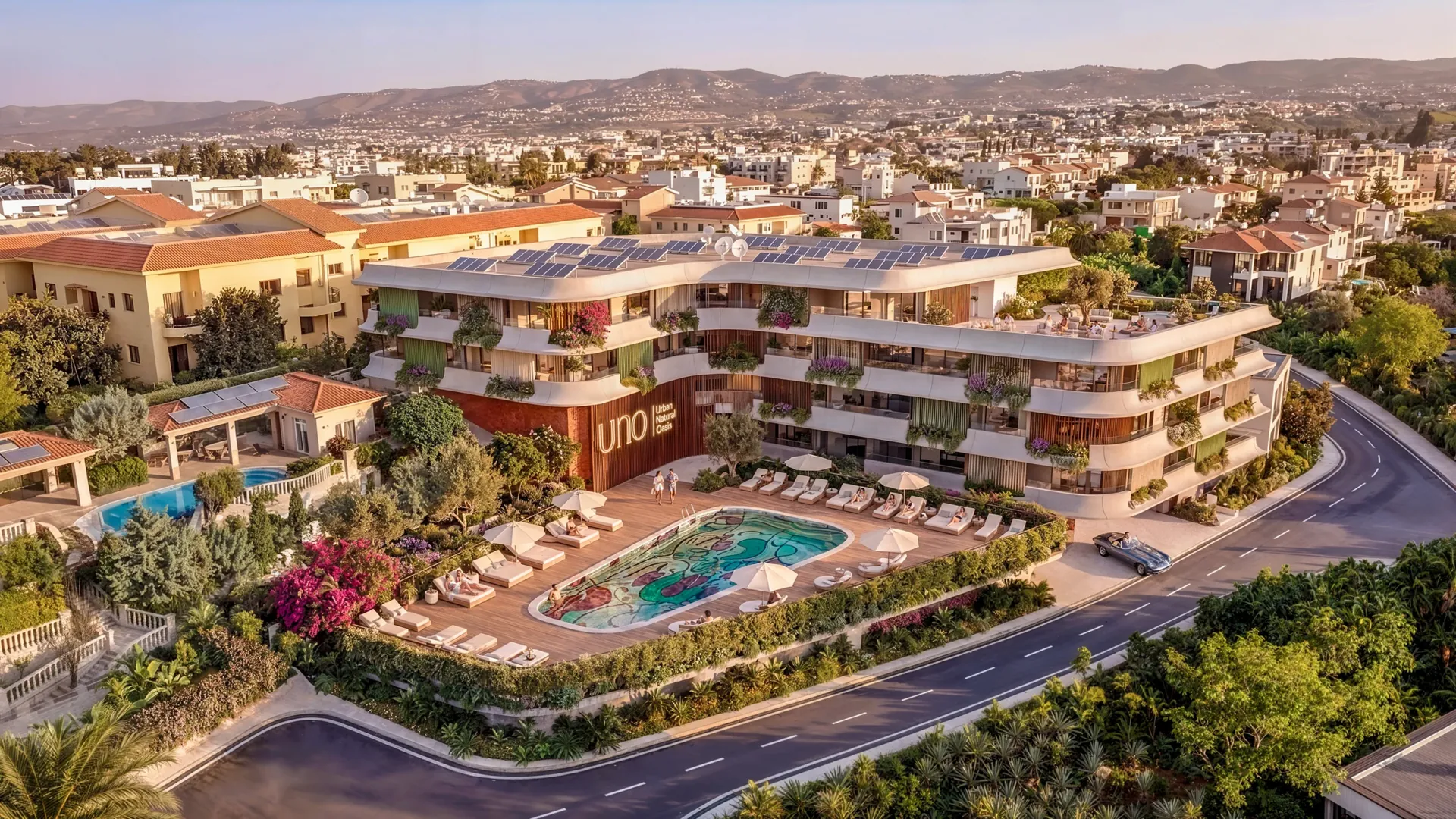 Bird’s-eye render of UNO with provisional apartment selection markers