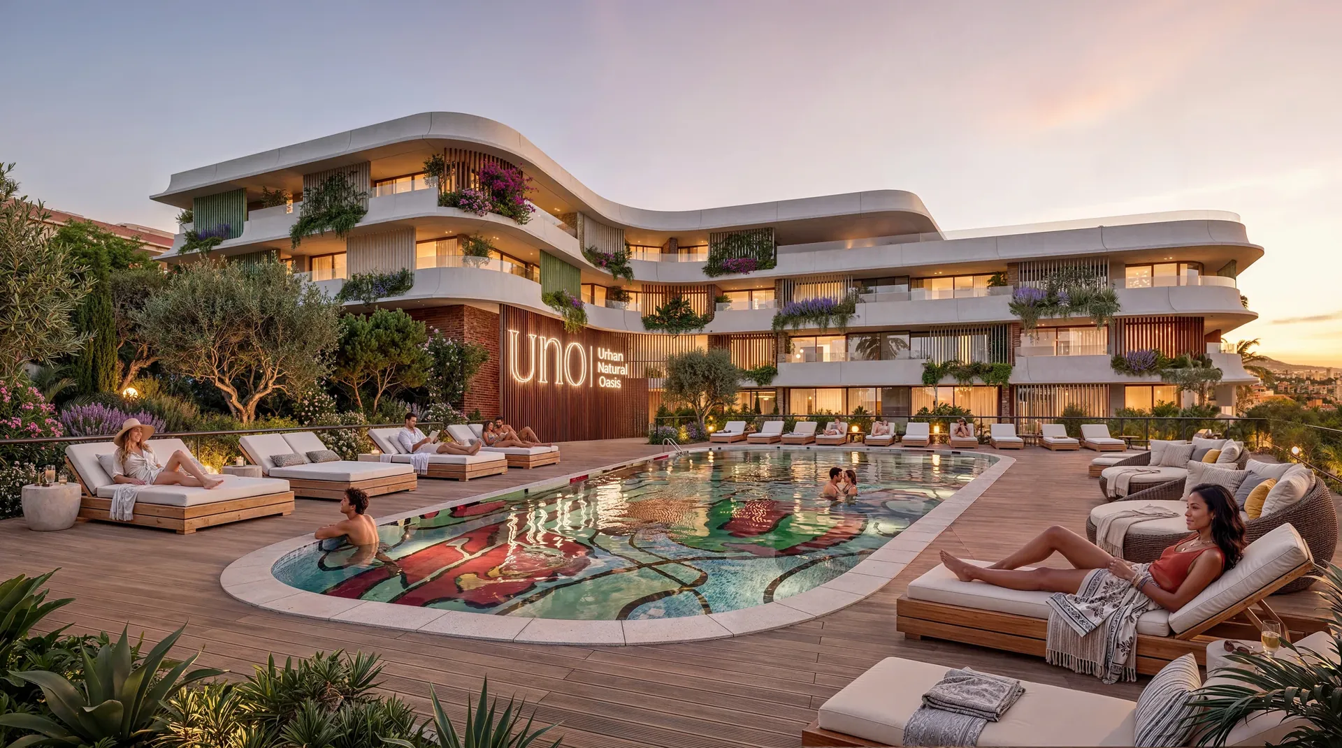 UNO residences and swimming pool at sunset