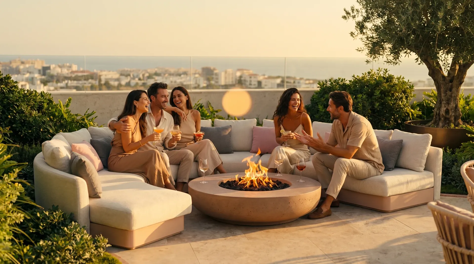 Friends gathered around a fire pit on the UNO rooftop terrace